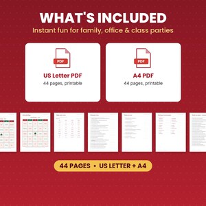 What is included in the christmas party games: files, formats and 44 pages