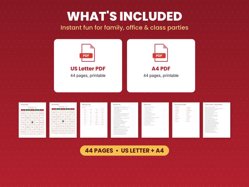 What is included in the christmas party games: files, formats and 44 pages