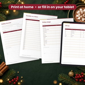 Christmas Planner 2026 printed on a desk and shown on a tablet, printable and fillable