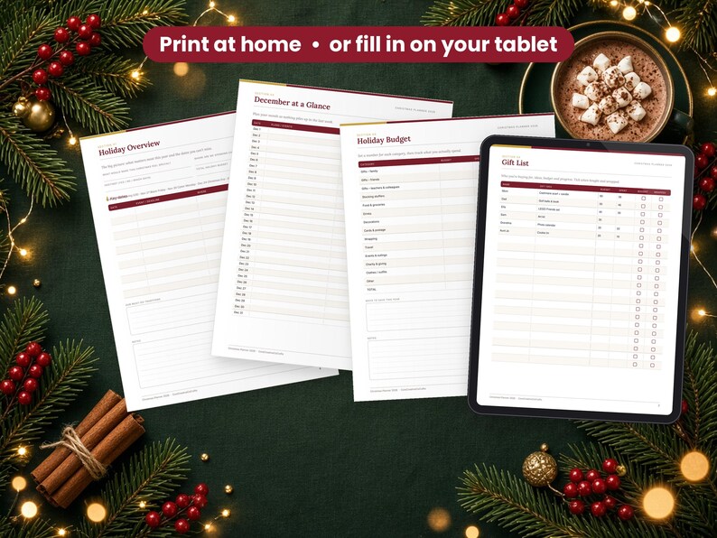 Christmas Planner 2026 printed on a desk and shown on a tablet, printable and fillable