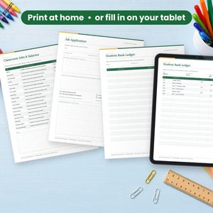 Classroom Economy System printed on a desk and shown on a tablet, printable and fillable