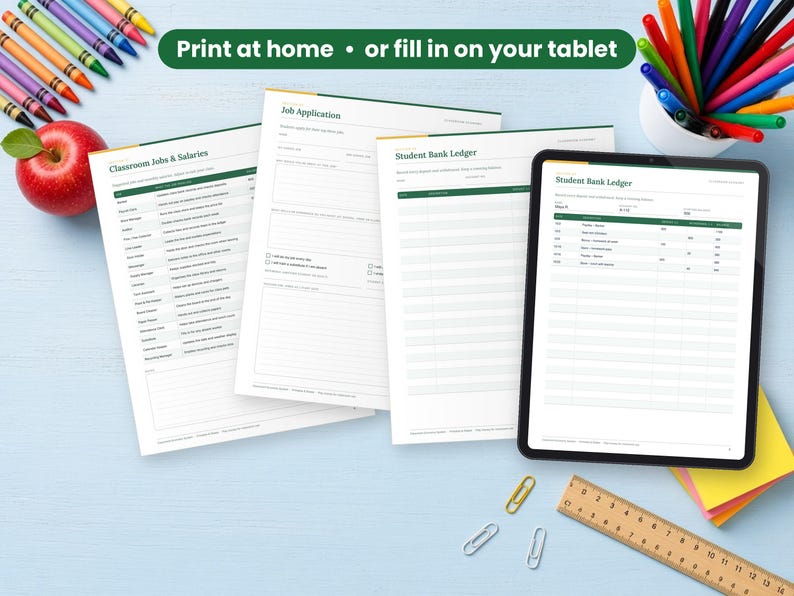 Classroom Economy System printed on a desk and shown on a tablet, printable and fillable