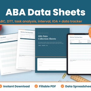 ABA Data Sheets digital download hero image: printed pages and tablet showing the real aba data sheets pages
