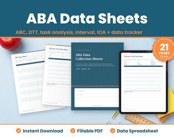 ABA Data Sheets Printable, ABC Data Sheet, Discrete Trial, Task Analysis, Interval Recording, BCBA Behavior Data Collection, Fillable