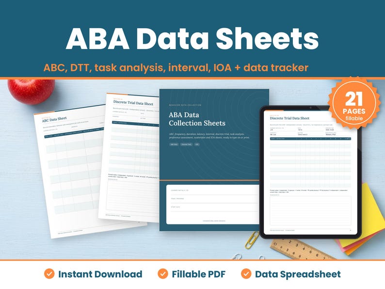 ABA Data Sheets digital download hero image: printed pages and tablet showing the real aba data sheets pages