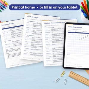 IEP Goal Bank printed on a desk and shown on a tablet, printable and fillable