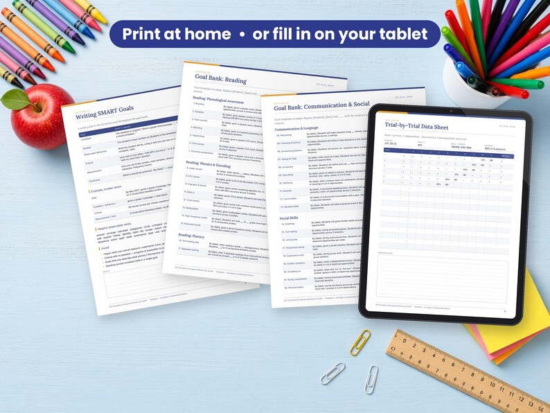 IEP Goal Bank printed on a desk and shown on a tablet, printable and fillable