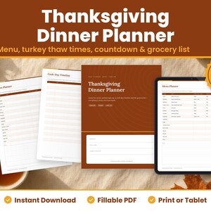 Thanksgiving Dinner Planner digital download: printed pages and tablet showing the real thanksgiving dinner planner pages