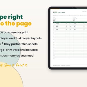 Filled-in example page of the game night score sheets on a tablet with key features listed