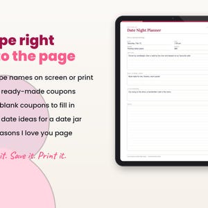 Filled-in example page of the love coupons with key features listed