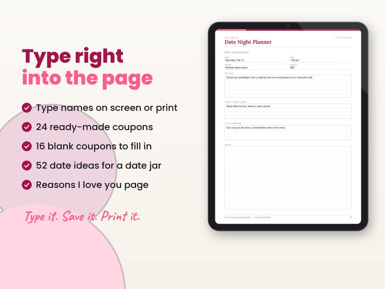 Filled-in example page of the love coupons with key features listed