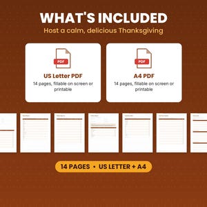 What is included in the thanksgiving dinner planner: files, formats and 14 pages