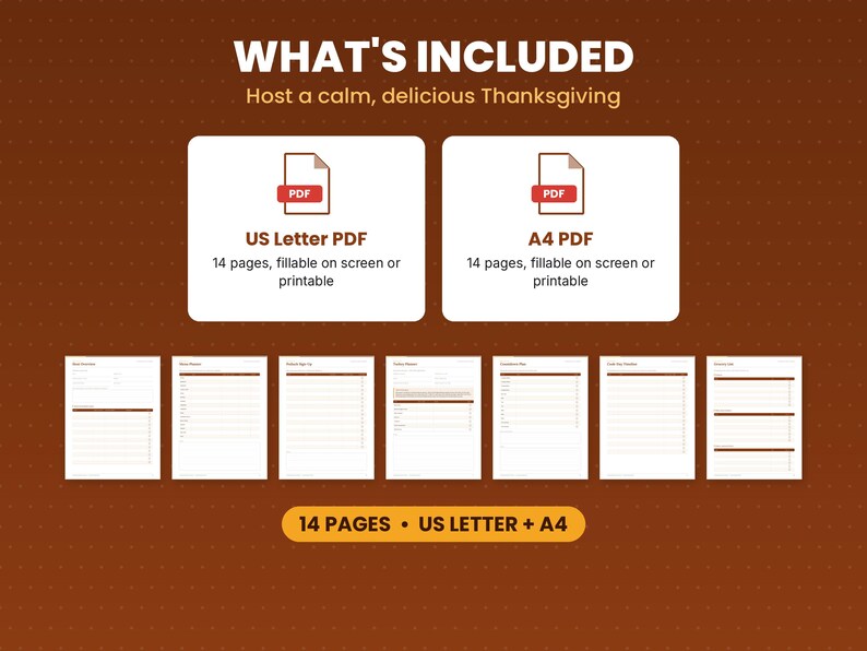 What is included in the thanksgiving dinner planner: files, formats and 14 pages