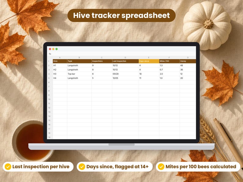 Beekeeping Hive Journal spreadsheet shown on a laptop