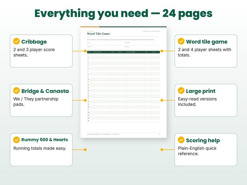 Feature callouts for the game night score sheets page layouts