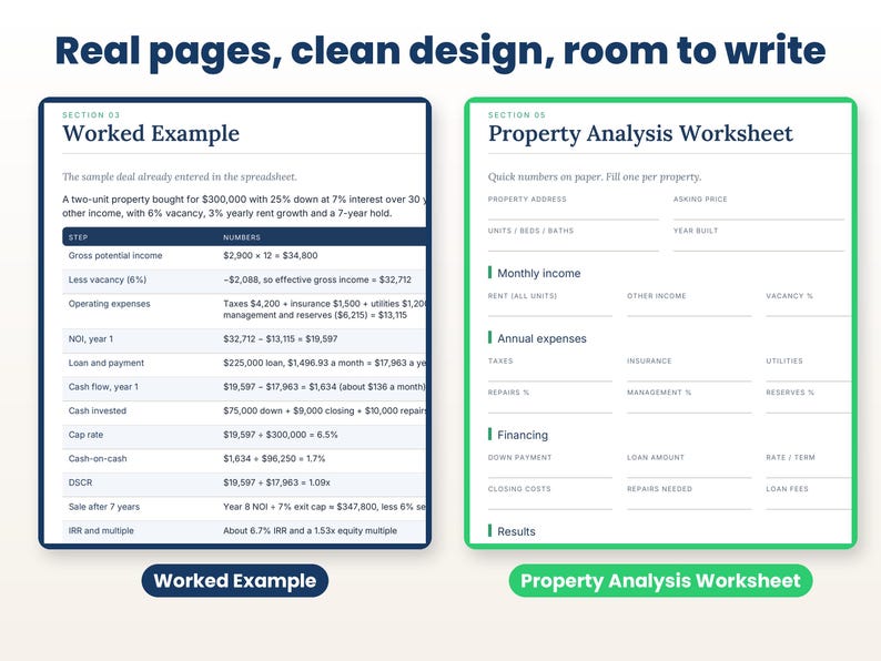 Close-up of real interior pages of the rental property analysis spreadsheet