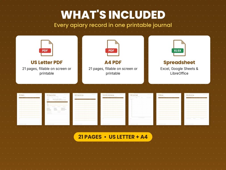 What is included in the beekeeping journal: files, formats and 21 pages