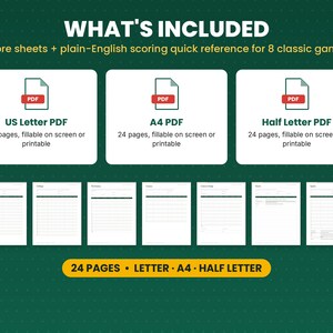 What is included in the game night score sheets: files, formats and 24 pages