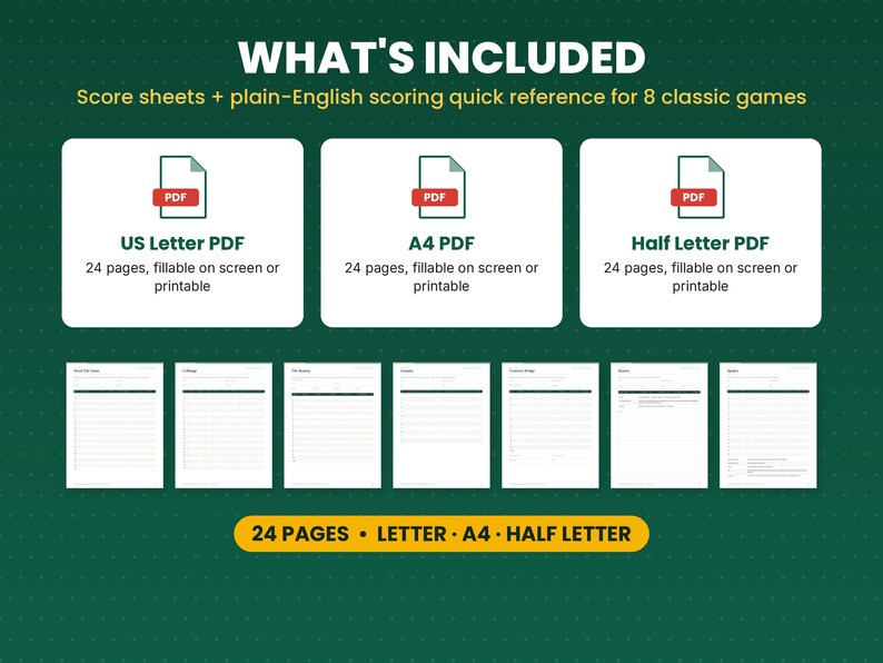What is included in the game night score sheets: files, formats and 24 pages