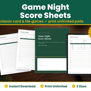 Game Night Score Sheets digital download hero image: printed pages and tablet showing the real game night score sheets pages