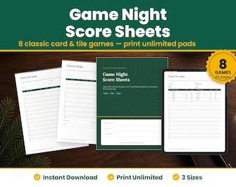 Game Night Score Sheets Printable, Card Game Score Pad Bundle, Cribbage, Canasta, Bridge, Rummy, Hearts, Spades, Family Game Night