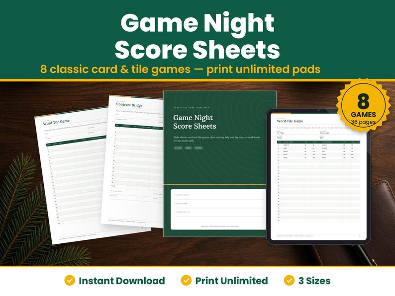 Game Night Score Sheets digital download hero image: printed pages and tablet showing the real game night score sheets pages