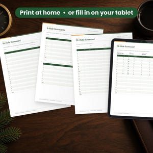 Disc Golf Scorecards printed on a desk and shown on a tablet, printable and fillable