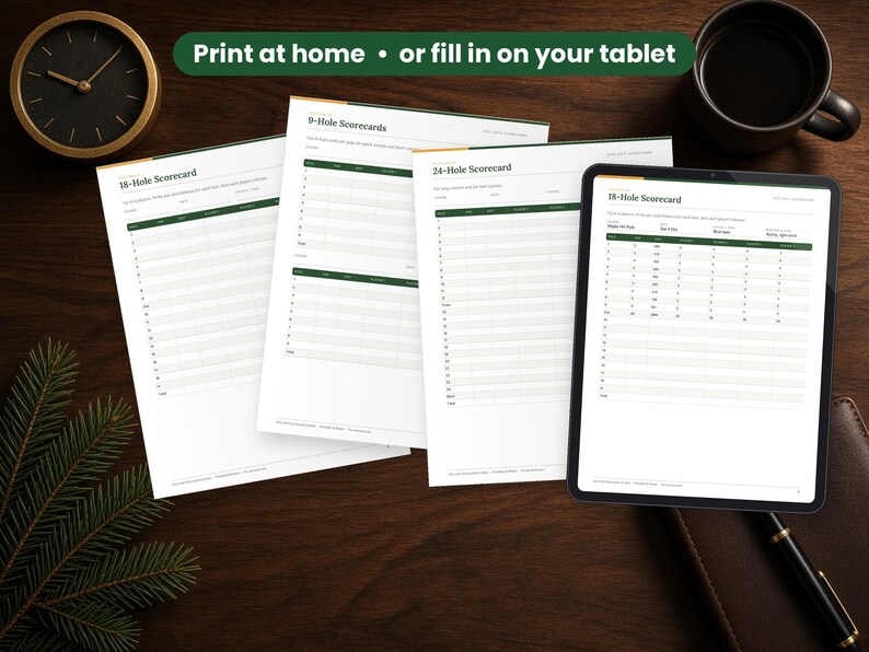 Disc Golf Scorecards printed on a desk and shown on a tablet, printable and fillable
