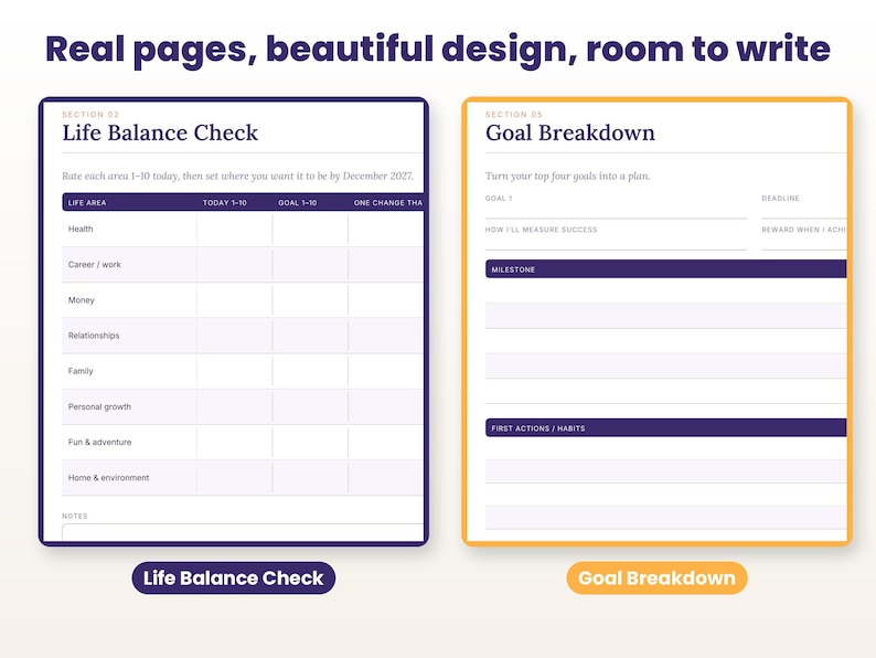 Close-up of real interior pages of the 2027 goal setting workbook
