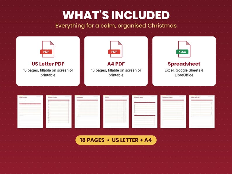 What is included in the christmas planner 2026: files, formats and 18 pages