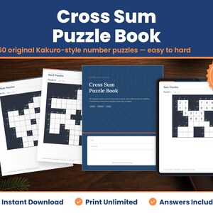 Cross Sum Puzzle Book digital download hero image: printed pages and tablet showing the real kakuro puzzle book pages