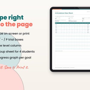 Filled-in example page of the speech therapy data sheets on a tablet with key features listed