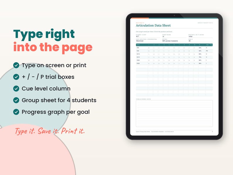 Filled-in example page of the speech therapy data sheets on a tablet with key features listed