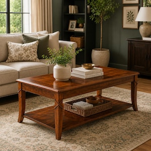 Peut inclure: Une table basse rectangulaire en bois avec une finition brun riche, dotée d'une étagère inférieure et de quatre pieds robustes avec des détails en croix. Le plateau supporte un vase en céramique blanche avec de la verdure et deux livres.