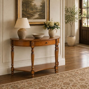 May include: A semi-circular wooden console table with a single drawer, featuring turned legs and a lower shelf. On top sits a beige table lamp with a pleated shade, a shallow ceramic bowl, and a white pitcher filled with white flowers.