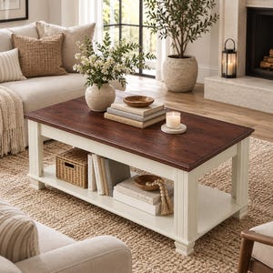 May include: A rectangular coffee table with a dark brown wood-stained top and a cream-colored base. The table features a lower shelf holding a woven basket, several books, a small wooden bowl, and a decorative wooden bead strand with a tassel.