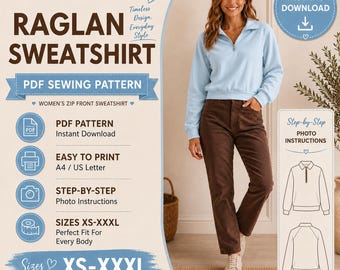 Women's Raglan Sweatshirt Sewing Pattern PDF, Quarter Zip Pullover, XS-XXXL