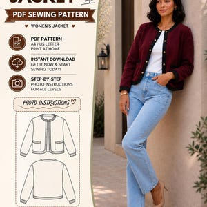 May include: A digital PDF sewing pattern for a London jacket, featuring a maroon textured jacket with black trim and gold buttons, a white top, and light blue jeans. The document includes technical line drawings, size range XS-XXXL, and instructions.