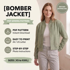 Puede incluir: Una chaqueta bomber verde salvia con cuello, puños y dobladillo acanalados, con cierre de botones a presión. El texto dice [BOMBER JACKET], PDF SEWING PATTERN, PDF PATTERN Instant Download, EASY TO PRINT A4 / US Letter, STEP-BY-STEP Photo Instructions, SIZES [ XS to XXXL].