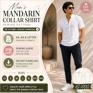 Puede incluir: Un patrón de costura digital para una camisa de manga corta con cuello mao. El texto incluye MEN'S MANDARIN COLLAR SHIRT SEWING PATTERN, PDF PATTERN, INSTANT DOWNLOAD, A4, A0 & LETTER PRINTABLE FORMATS, SEWING GUIDE y tallas XS-XXXL.