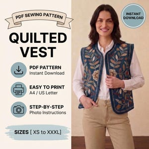 Peut inclure: Un patron de couture PDF pour un gilet matelassé avec téléchargement instantané. Le gilet est bleu foncé avec un motif floral et végétal multicolore. Le texte inclut PDF SEWING PATTERN, QUILTED VEST, INSTANT DOWNLOAD, EASY TO PRINT A4 / US LETTER, STEP-BY-STEP Photo Instructions, et SIZES [ XS to XXXL ].