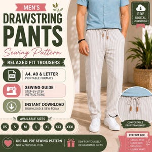 Patrón de pantalones para hombre, pantalones holgados con cordón ajustable, PDF para costura, tallas S-XL