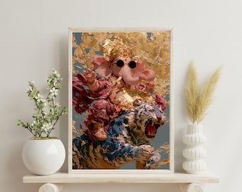 Neo Ganesha Royal Guardian Print, Tiger Rider, Spiritual Wall Art (Digital Download)