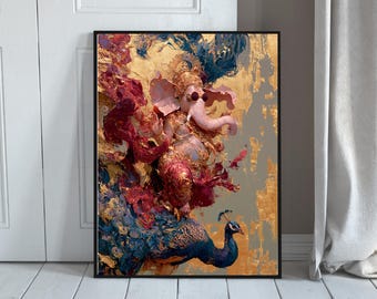 Neo Ganesha Sapphire Ascension Print, Luxury Peacock Wall Art, Gold Spiritual Decor, Printable Artwork