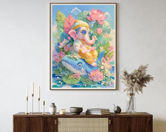 Neo Ganesha Whale Harmony | Luxury Pastel Digital Wall Art