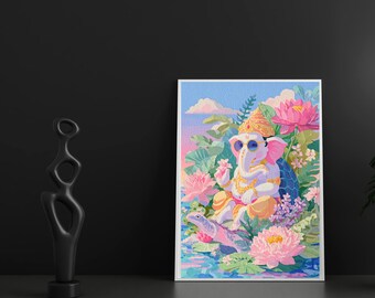 Neo Ganesha Lotus Guardian | Luxury Digital Wall Art Print