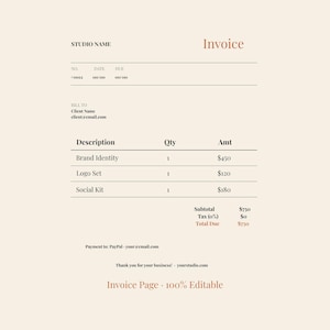 May include: A digital invoice template on a light beige background with black text. It includes fields for Studio Name, Invoice, No., Date, Due, Bill To, Client Name, email, and a table listing Brand Identity, Logo Set, and Social Kit with amounts.