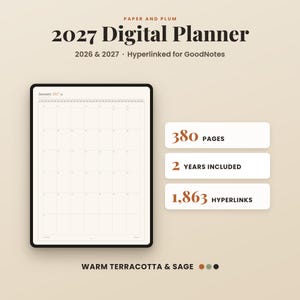 Op de afbeelding: Een digitale planner 2027 van Paper and Plum met een maandkalenderoverzicht voor januari 2027. De planner bevat 380 pagina's, beslaat 2 jaar en bevat 1.863 hyperlinks voor GoodNotes. Het kleurenpalet is warm terracotta en salie.