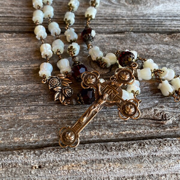 Traditional five decade Catholic Rosary, Heirloom Rosary, Mother of Pearl Garnet Red Crystal Rosary Bronze Rose Cross and Center