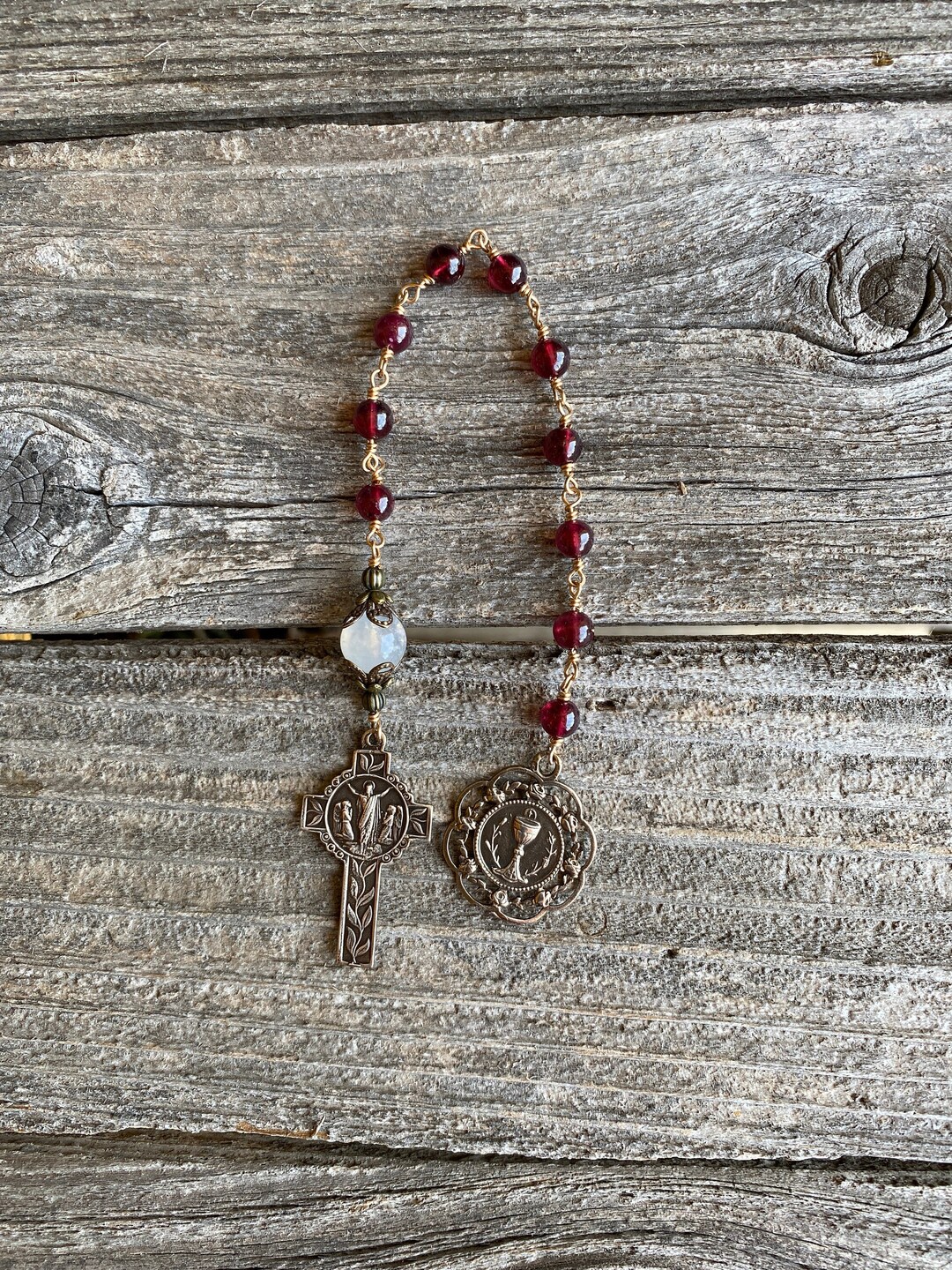 One Decade Ruby Genuine Ruby Gemstone and Moonstone Rosary, Single-decade Rosary ...